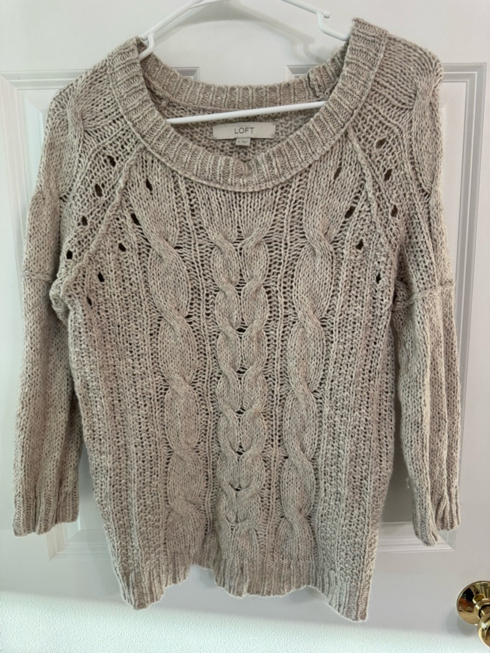 LOFT Beige Cable-Knit Scoopneck Sweater